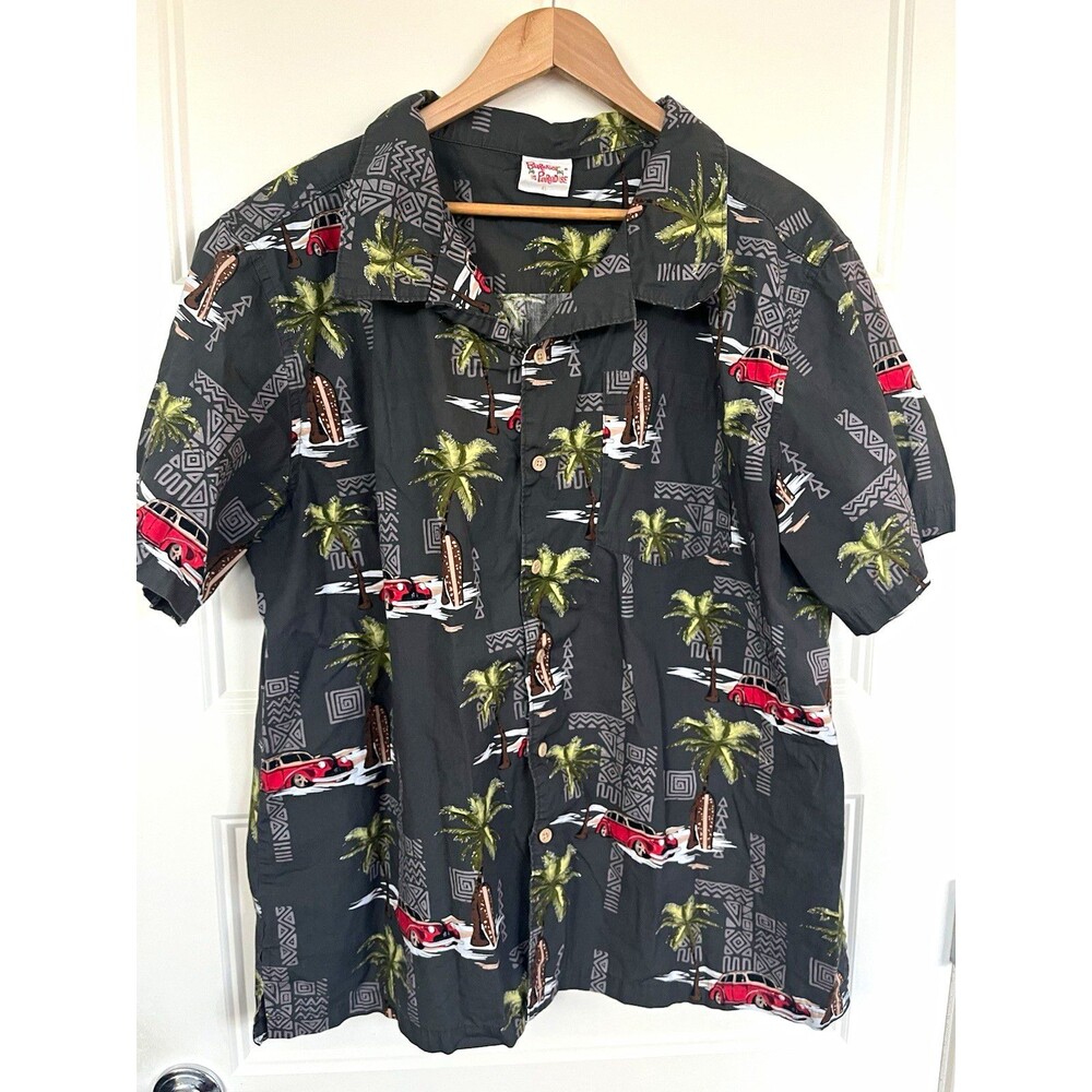 Barefoot in Paradise Men’s XL Black Tropical Graphic Button-Up Pockets Hawaiian